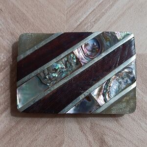 Vintage collectible abalone mother of pearl wood metal inlay belt buckle